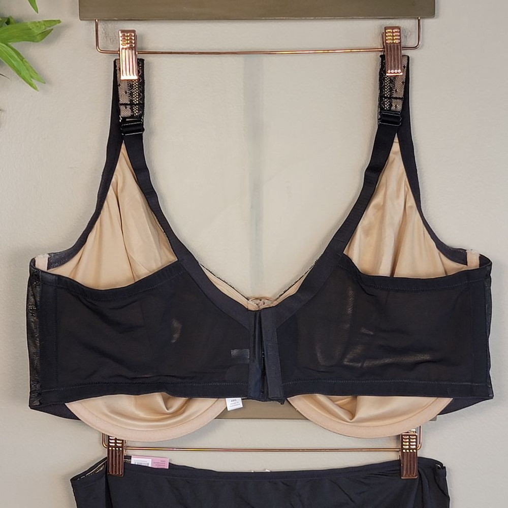 Cacique Unlined Full Coverage Black Lace Bra No Show Hipster Panties Set 46G - Picture 6 of 13